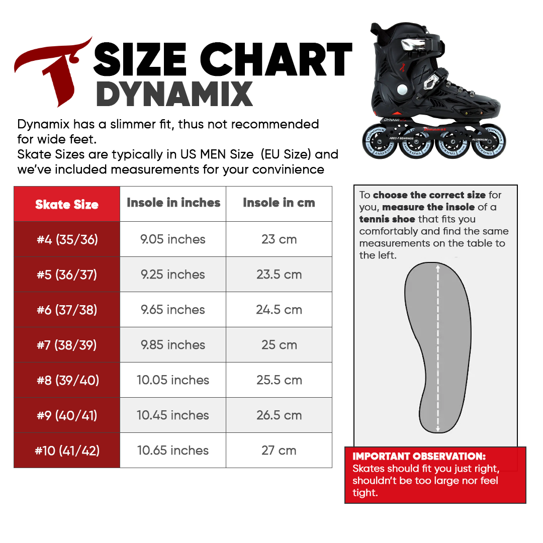 Dynamix Black inline skates size chart