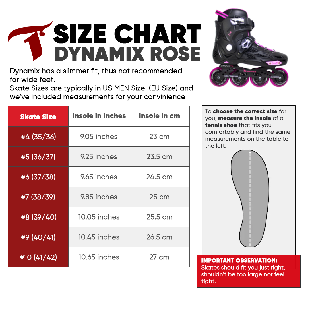 Dynamix Pink inline skates size chart