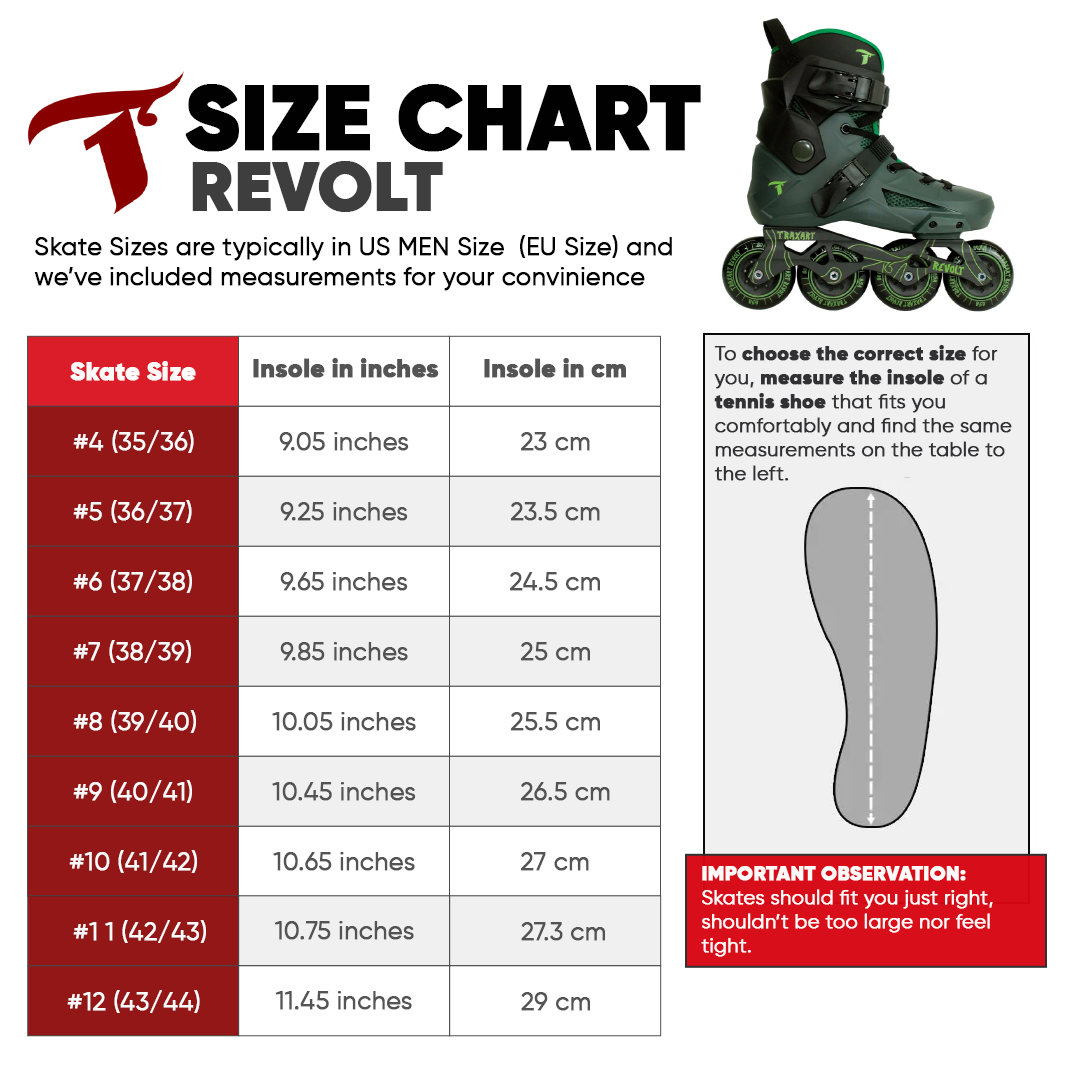 Revolt Green urban inline skates size chart
