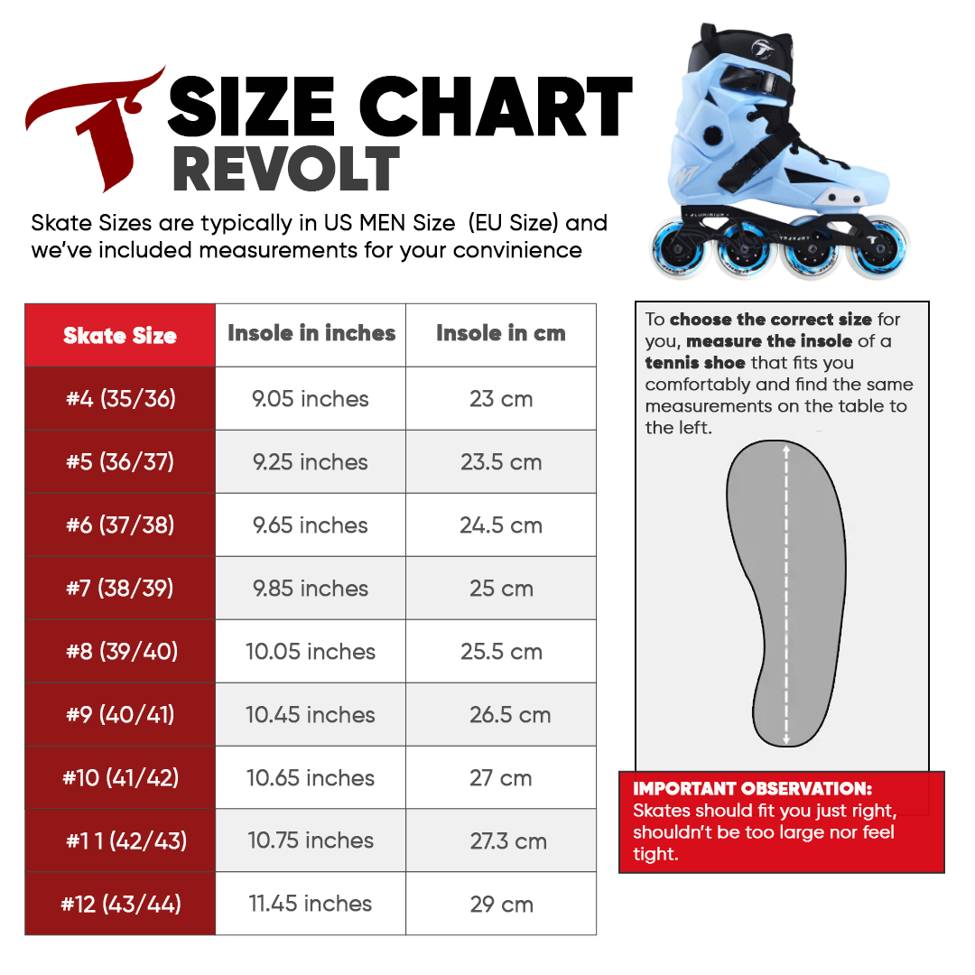 Revolt Sky Blue urban inline skates size chart