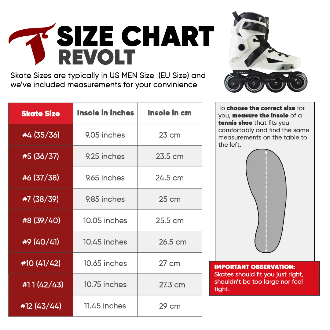 Revolt White urban inline skates size chart